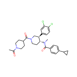 CC(=O)N1CCC(C(=O)N2CC[C@@H](N(C)C(=O)c3ccc(C4CC4)cc3)[C@H](c3ccc(Cl)c(Cl)c3)C2)CC1 ZINC000096167366