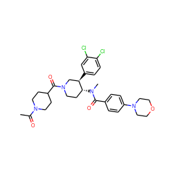 CC(=O)N1CCC(C(=O)N2CC[C@@H](N(C)C(=O)c3ccc(N4CCOCC4)cc3)[C@H](c3ccc(Cl)c(Cl)c3)C2)CC1 ZINC000096167365