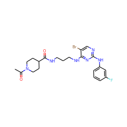 CC(=O)N1CCC(C(=O)NCCCNc2nc(Nc3cccc(F)c3)ncc2Br)CC1 ZINC000095558401