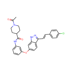 CC(=O)N1CCC(C(=O)Nc2cccc(Oc3ccc4c(/C=C/c5ccc(Cl)cc5)n[nH]c4c3)c2)CC1 ZINC000166888617