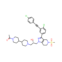 CC(=O)N1CCC(C2CCN(C[C@H](O)Cn3nc(-c4ccc(Cl)c(C#Cc5ccc(Cl)cc5)c4)c4c3CCN(S(C)(=O)=O)C4)CC2)CC1 ZINC000049723118