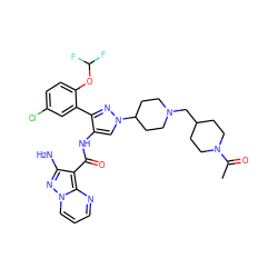 CC(=O)N1CCC(CN2CCC(n3cc(NC(=O)c4c(N)nn5cccnc45)c(-c4cc(Cl)ccc4OC(F)F)n3)CC2)CC1 ZINC001772597215