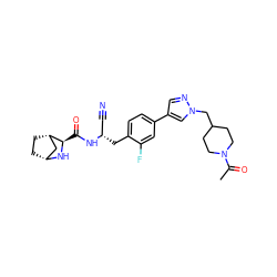 CC(=O)N1CCC(Cn2cc(-c3ccc(C[C@@H](C#N)NC(=O)[C@H]4N[C@@H]5CC[C@H]4C5)c(F)c3)cn2)CC1 ZINC000219316725