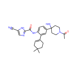 CC(=O)N1CCC(N)(c2ccc(NC(=O)c3ncc(C#N)[nH]3)c(C3=CCC(C)(C)CC3)c2)CC1 ZINC000146868715