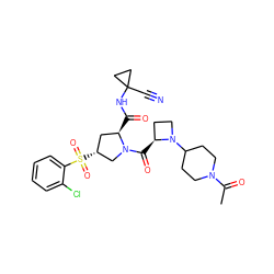 CC(=O)N1CCC(N2CC[C@@H]2C(=O)N2C[C@H](S(=O)(=O)c3ccccc3Cl)C[C@H]2C(=O)NC2(C#N)CC2)CC1 ZINC000169705294