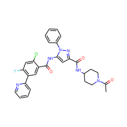 CC(=O)N1CCC(NC(=O)c2cc(NC(=O)c3cc(-c4ccccn4)c(F)cc3Cl)n(-c3ccccc3)n2)CC1 ZINC001772605860