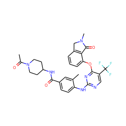 CC(=O)N1CCC(NC(=O)c2ccc(Nc3ncc(C(F)(F)F)c(Oc4cccc5c4C(=O)N(C)C5)n3)c(C)c2)CC1 ZINC000146068139