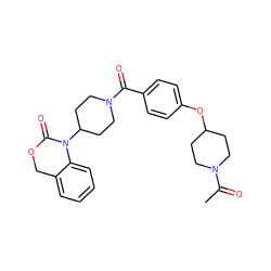 CC(=O)N1CCC(Oc2ccc(C(=O)N3CCC(N4C(=O)OCc5ccccc54)CC3)cc2)CC1 ZINC000013744308