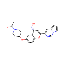 CC(=O)N1CCC(Oc2ccc3oc(-c4cc5cccn5cn4)c/c(=N\O)c3c2)CC1 ZINC001772652596