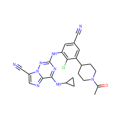 CC(=O)N1CCC(c2cc(C#N)cc(Nc3nc(NC4CC4)c4ncc(C#N)n4n3)c2Cl)CC1 ZINC000169711928