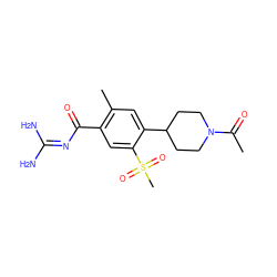 CC(=O)N1CCC(c2cc(C)c(C(=O)N=C(N)N)cc2S(C)(=O)=O)CC1 ZINC000095556600