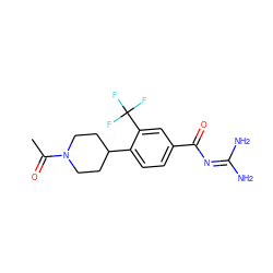 CC(=O)N1CCC(c2ccc(C(=O)N=C(N)N)cc2C(F)(F)F)CC1 ZINC000068250805