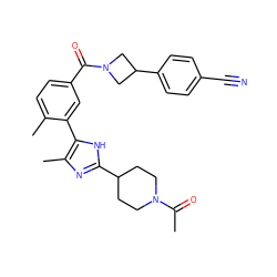 CC(=O)N1CCC(c2nc(C)c(-c3cc(C(=O)N4CC(c5ccc(C#N)cc5)C4)ccc3C)[nH]2)CC1 ZINC000142872175