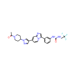 CC(=O)N1CCC(n2cc(-c3ccn4c(-c5cccc(NC(=O)NCC(F)(F)F)c5)cnc4c3)cn2)CC1 ZINC000139521449