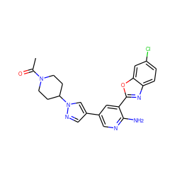 CC(=O)N1CCC(n2cc(-c3cnc(N)c(-c4nc5ccc(Cl)cc5o4)c3)cn2)CC1 ZINC000084653764