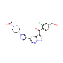 CC(=O)N1CCC(n2cc(-c3cnc4[nH]cc(C(=O)c5ccc(CO)cc5Cl)c4c3)cn2)CC1 ZINC000473092024