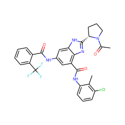 CC(=O)N1CCC[C@H]1c1nc2c(C(=O)Nc3cccc(Cl)c3C)cc(NC(=O)c3ccccc3C(F)(F)F)cc2[nH]1 ZINC000205653807