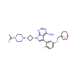 CC(=O)N1CCN([C@H]2C[C@@H](n3cc(-c4cc(OCC56CCC(CC5)O6)ccc4F)c4c(N)ncnc43)C2)CC1 ZINC000653737780