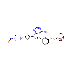 CC(=O)N1CCN([C@H]2C[C@@H](n3cc(-c4cccc(OCC56CCC(CC5)O6)c4)c4c(N)ncnc43)C2)CC1 ZINC000653729212