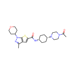 CC(=O)N1CCN([C@H]2CC[C@@H](NC(=O)c3cc4c(C)nn(C5CCOCC5)c4s3)CC2)CC1 ZINC000114713581