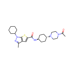 CC(=O)N1CCN([C@H]2CC[C@H](NC(=O)c3cc4c(C)nn(C5CCCCC5)c4s3)CC2)CC1 ZINC000257828503