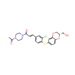 CC(=O)N1CCN(C(=O)/C=C/c2ccc(Sc3ccc4c(c3)OC[C@H](CO)O4)c(Cl)c2)CC1 ZINC000028224919