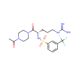 CC(=O)N1CCN(C(=O)[C@H](CCCNC(=N)N)NS(=O)(=O)c2cccc(C(F)(F)F)c2)CC1 ZINC000028644706