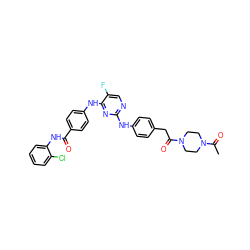 CC(=O)N1CCN(C(=O)Cc2ccc(Nc3ncc(F)c(Nc4ccc(C(=O)Nc5ccccc5Cl)cc4)n3)cc2)CC1 ZINC000039280116