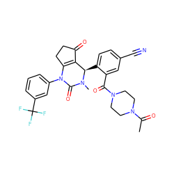 CC(=O)N1CCN(C(=O)c2cc(C#N)ccc2[C@@H]2C3=C(CCC3=O)N(c3cccc(C(F)(F)F)c3)C(=O)N2C)CC1 ZINC001772624573