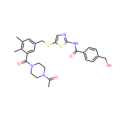 CC(=O)N1CCN(C(=O)c2cc(CSc3cnc(NC(=O)c4ccc(CO)cc4)s3)cc(C)c2C)CC1 ZINC000036184850