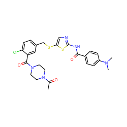 CC(=O)N1CCN(C(=O)c2cc(CSc3cnc(NC(=O)c4ccc(N(C)C)cc4)s3)ccc2Cl)CC1 ZINC000036184835