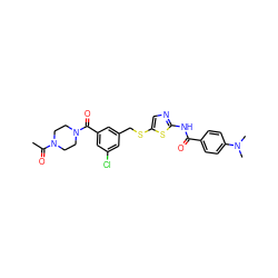 CC(=O)N1CCN(C(=O)c2cc(Cl)cc(CSc3cnc(NC(=O)c4ccc(N(C)C)cc4)s3)c2)CC1 ZINC000036184854