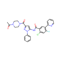 CC(=O)N1CCN(C(=O)c2cc(NC(=O)c3cc(-c4ccccn4)c(F)cc3Cl)n(-c3ccccc3)n2)CC1 ZINC001772623352