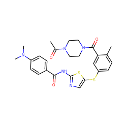 CC(=O)N1CCN(C(=O)c2cc(Sc3cnc(NC(=O)c4ccc(N(C)C)cc4)s3)ccc2C)CC1 ZINC000036184881