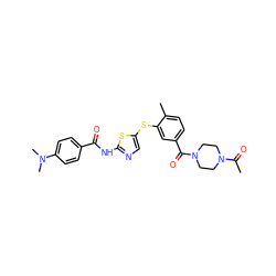 CC(=O)N1CCN(C(=O)c2ccc(C)c(Sc3cnc(NC(=O)c4ccc(N(C)C)cc4)s3)c2)CC1 ZINC000036184877