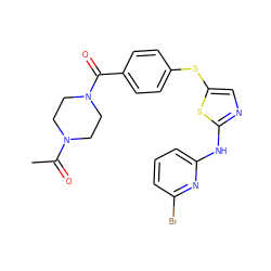 CC(=O)N1CCN(C(=O)c2ccc(Sc3cnc(Nc4cccc(Br)n4)s3)cc2)CC1 ZINC000029038278