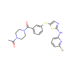 CC(=O)N1CCN(C(=O)c2cccc(Sc3cnc(Nc4cccc(Br)n4)s3)c2)CC1 ZINC000029038274