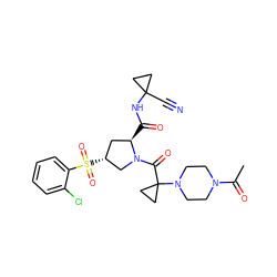 CC(=O)N1CCN(C2(C(=O)N3C[C@H](S(=O)(=O)c4ccccc4Cl)C[C@H]3C(=O)NC3(C#N)CC3)CC2)CC1 ZINC000169705340