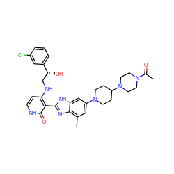 CC(=O)N1CCN(C2CCN(c3cc(C)c4nc(-c5c(NC[C@@H](O)c6cccc(Cl)c6)cc[nH]c5=O)[nH]c4c3)CC2)CC1 ZINC000042834850