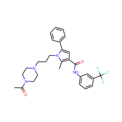 CC(=O)N1CCN(CCCn2c(-c3ccccc3)cc(C(=O)Nc3cccc(C(F)(F)F)c3)c2C)CC1 ZINC000221034206