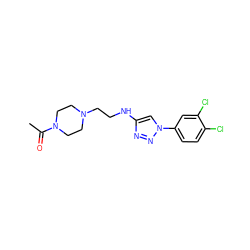 CC(=O)N1CCN(CCNc2cn(-c3ccc(Cl)c(Cl)c3)nn2)CC1 ZINC000209681829