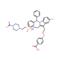 CC(=O)N1CCN(CCS(=O)(=O)NCCc2c(CCOc3ccc(C(=O)O)cc3)c3cc(Cl)ccc3n2C(c2ccccc2)c2ccccc2)CC1 ZINC000049889286