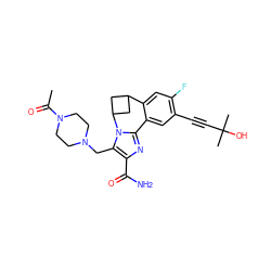 CC(=O)N1CCN(Cc2c(C(N)=O)nc3n2C2CC(C2)c2cc(F)c(C#CC(C)(C)O)cc2-3)CC1 ZINC000219478229