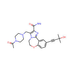 CC(=O)N1CCN(Cc2c(C(N)=O)nc3n2CCOc2ccc(C#CC(C)(C)O)cc2-3)CC1 ZINC000215753179