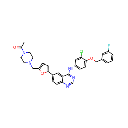 CC(=O)N1CCN(Cc2ccc(-c3ccc4ncnc(Nc5ccc(OCc6cccc(F)c6)c(Cl)c5)c4c3)o2)CC1 ZINC000096937292