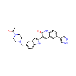 CC(=O)N1CCN(Cc2ccc3[nH]c(-c4cc5cc(-c6cn[nH]c6)ccc5[nH]c4=O)cc3c2)CC1 ZINC000028604269