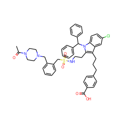 CC(=O)N1CCN(Cc2ccccc2CS(=O)(=O)NCCc2c(CCCc3ccc(C(=O)O)cc3)c3cc(Cl)ccc3n2C(c2ccccc2)c2ccccc2)CC1 ZINC000095615102