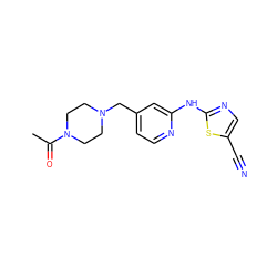 CC(=O)N1CCN(Cc2ccnc(Nc3ncc(C#N)s3)c2)CC1 ZINC000013586291