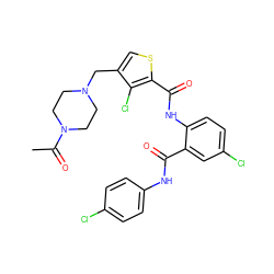 CC(=O)N1CCN(Cc2csc(C(=O)Nc3ccc(Cl)cc3C(=O)Nc3ccc(Cl)cc3)c2Cl)CC1 ZINC000014963697