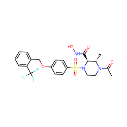 CC(=O)N1CCN(S(=O)(=O)c2ccc(OCc3ccccc3C(F)(F)F)cc2)[C@@H](C(=O)NO)[C@@H]1C ZINC000013553158